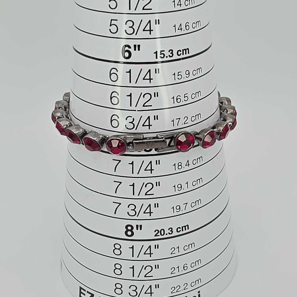 New! GIVENCHY Signed Tennis Bracelet Red SWAROVSKI Crystals Gunmetal Gray 7" - Picture 12 of 13